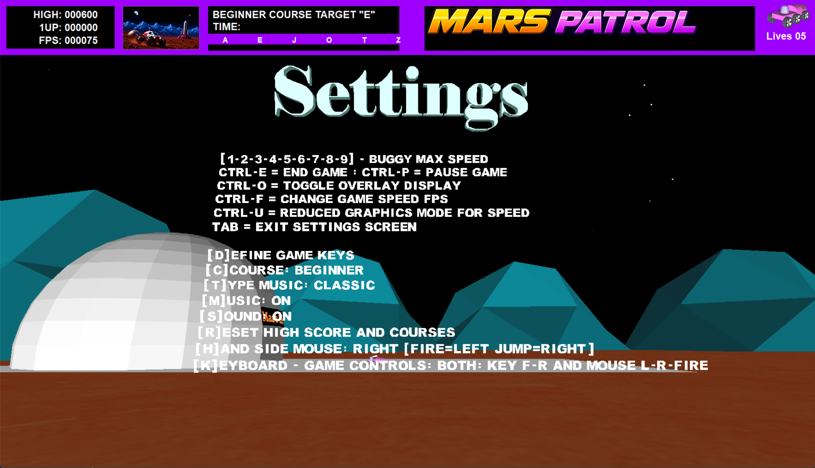 Mars Patrol Settings screen showing game commands, course, music, sound, mouse handedness, and control mode
