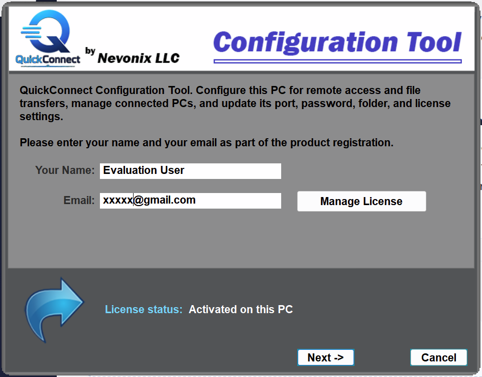 QuickConnect Configuration Tool showing the user profile and activated license status