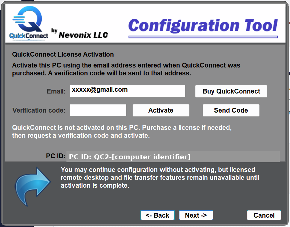 QuickConnect license activation screen with email, verification code, Activate, and Send Code controls