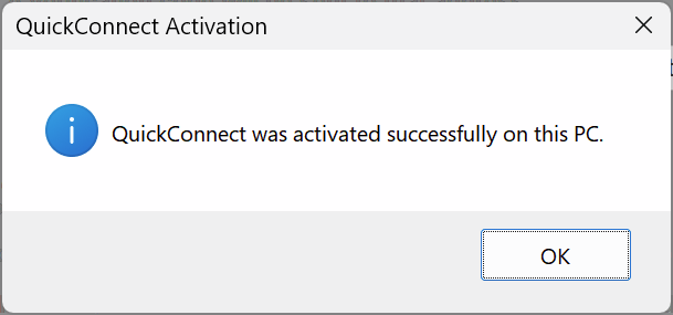 QuickConnect activation success confirmation dialog
