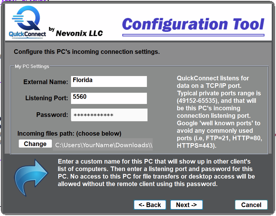 QuickConnect incoming connection settings for computer name, port, password, and incoming files folder
