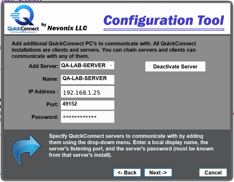 QuickConnect Configuration Tool adding another server by name, IP address, port, and password