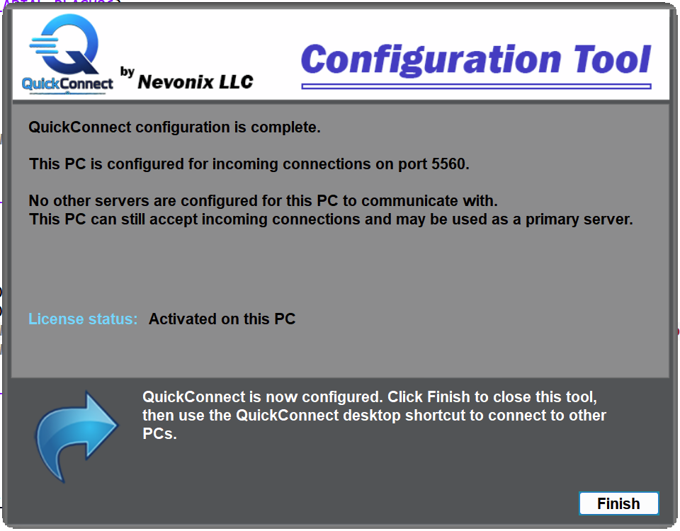 QuickConnect configuration complete screen showing port and license status