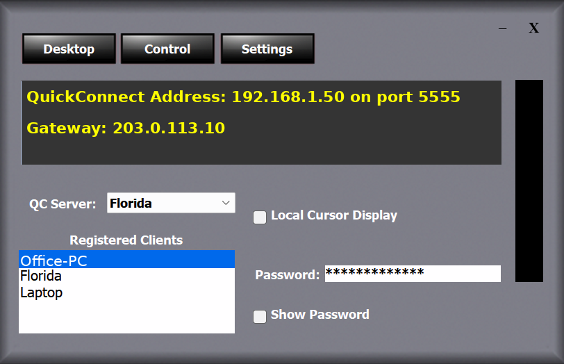 QuickConnect main window showing the QC Server selection box and Registered Clients list