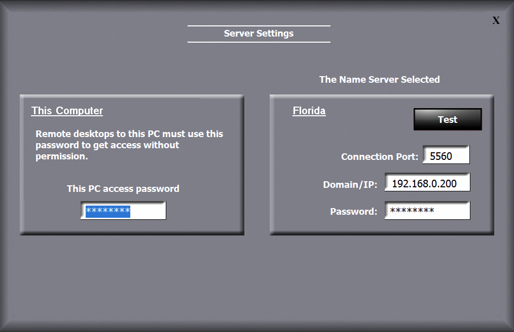 QuickConnect server settings screen with local and selected server connection information
