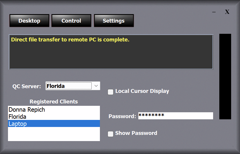 QuickConnect main window showing the selected client used for a direct file transfer