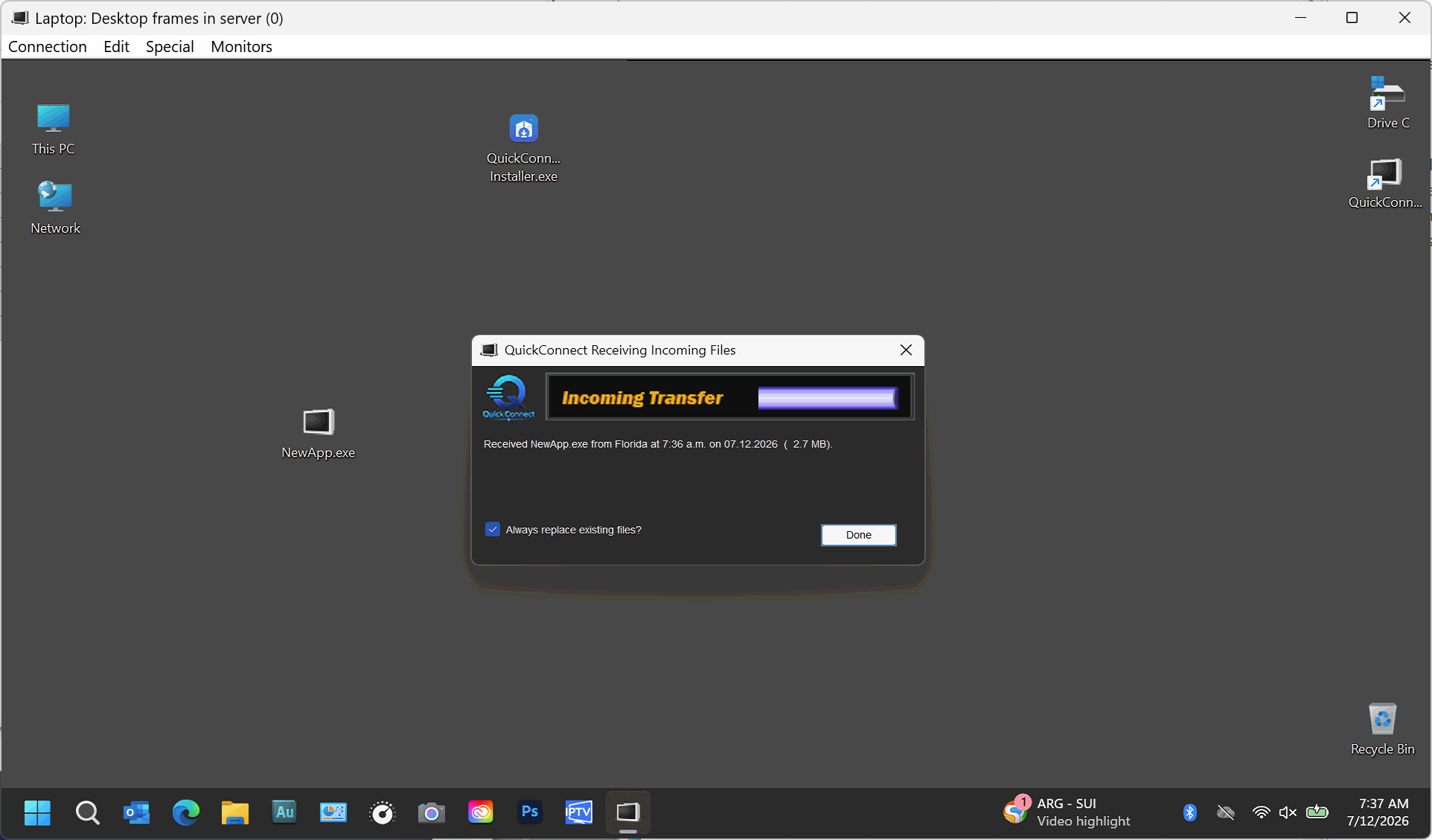 QuickConnect Incoming Transfer dialog displayed on the receiving PC
