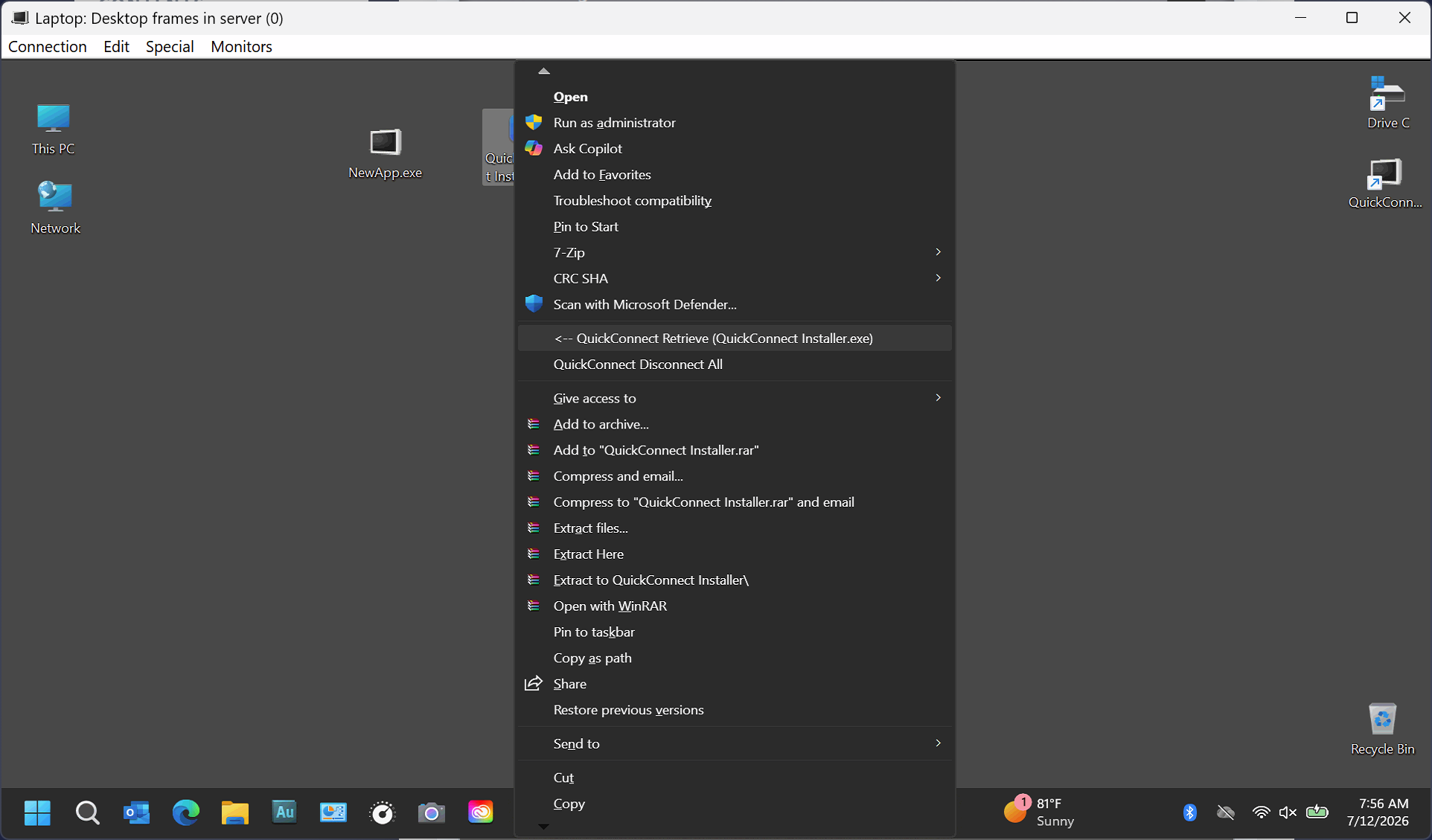 Remote desktop context menu showing the QuickConnect Retrieve command for a selected file