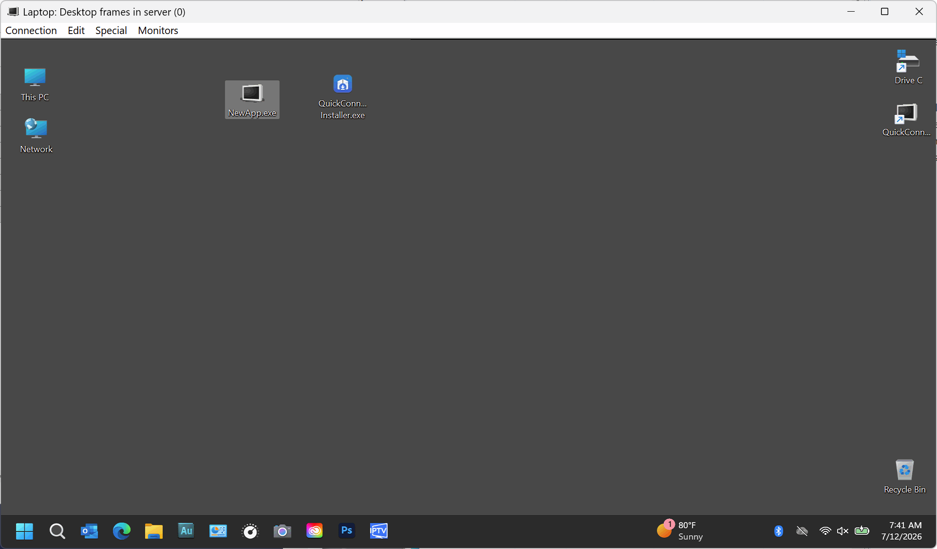 QuickConnect remote desktop window with Connection, Edit, Special, and Monitors menus